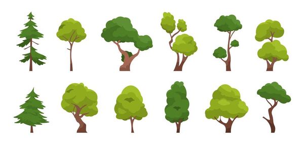 Zeichentrickfilm. Einfache flache Waldflora, Nadel- und Laubbäume, Eichen-Tannenbäume isolierte Pflanzen. Vektorsatz - Vektor, Bild