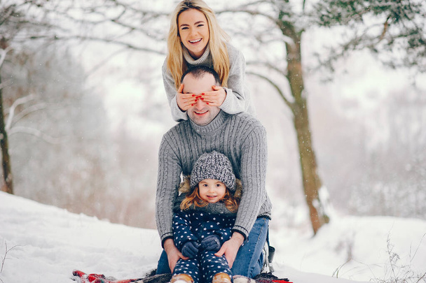 Little girl with parents sitting on a blanket in a winter park - Foto, imagen