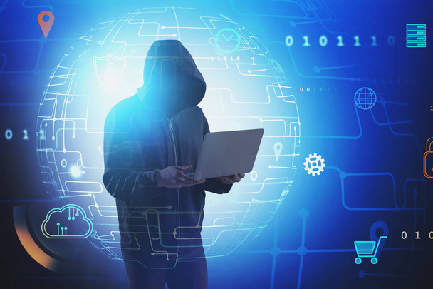 Hacker with laptop, blue GUI - Photo, image