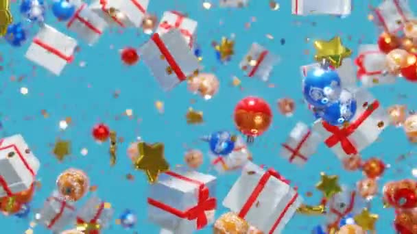 クリスマスの背景。2021年。祭りの背景。カラフルなクリスマスボール、ギフト、宇宙で動く黄金の星。ループ4Kアニメーション. - 映像、動画