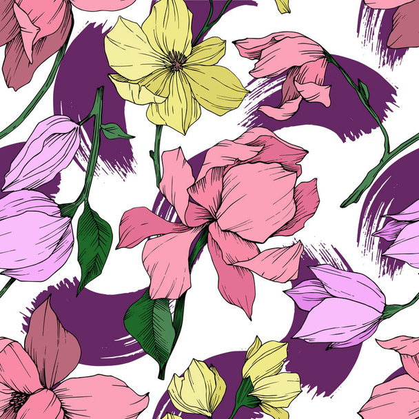 Vector Magnolia floral botanical flowers. Black and white engraved ink art. Seamless background pattern. - ベクター画像