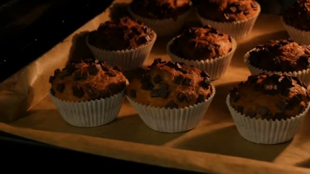Heerlijke muffins in papieren mallen worden gekookt in de oven van dichtbij bekijken - Video
