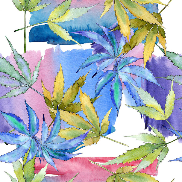 Hojas verdes de cannabis. Conjunto de ilustración de fondo acuarela. Patrón de fondo sin costuras
. - Foto, imagen