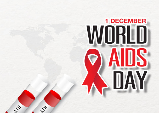 "WORLD AIDS DAY "and '1 DECEMBER" Wordings with red ribbon and HIV blood tubes on world map white paper pattern background. Todo en diseño vectorial
. - Vector, imagen