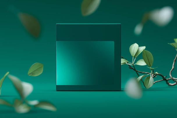 Green blank cardboard box on green background near tree leaves, beauty package. perfume package. 3d rendering. - Foto, Imagen