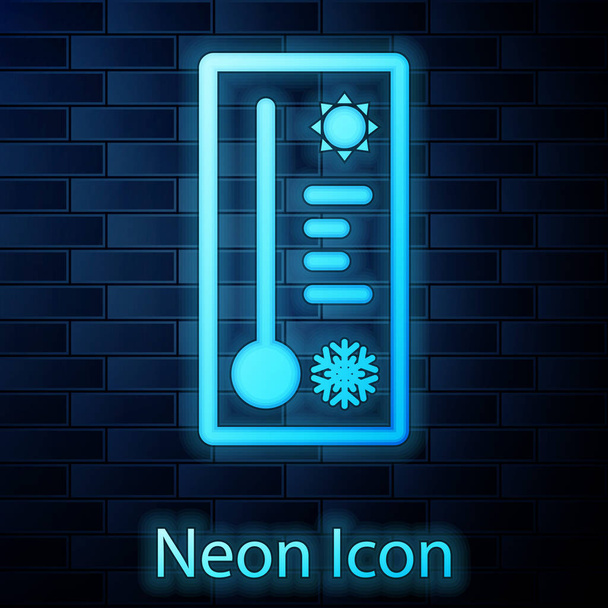 Hehkuva neon Meteorologia lämpömittari mitata lämpöä ja kylmä kuvake eristetty tiili seinään tausta. Lämpömittarilaitteet, joissa näkyy kuuma tai kylmä sää. Vektorikuvaus
 - Vektori, kuva
