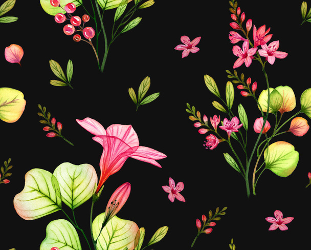 nahtloses tropisches Aquarellmuster. Freesia und Hibiskusblüten und -blätter auf schwarzem Hintergrund. farbenfrohe botanische Illustration für Hochzeit, Oberflächengestaltung, Tapeten, Textilien - Foto, Bild