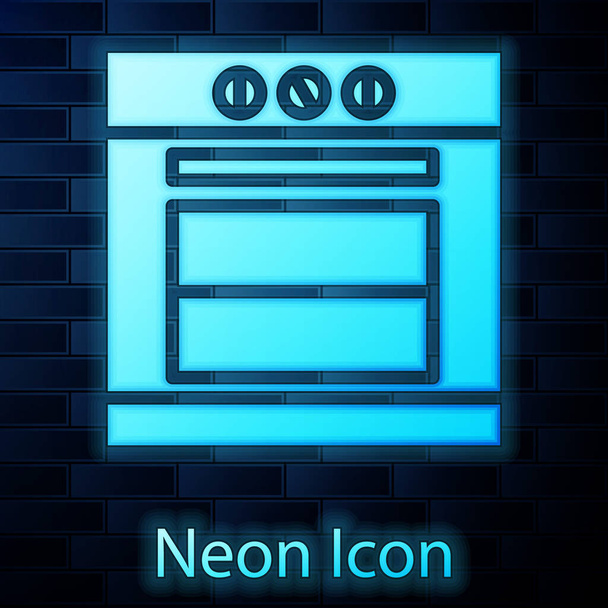 Leuchtende Neon-Ofen-Symbol isoliert auf Backsteinwand Hintergrund. Herd Gasofen Zeichen vorhanden. Vektorillustration - Vektor, Bild