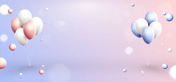 Отпразднуйте день рождения, плакат, баннер, годовщину. Розовые, голубые и белые шарики на пастельном фоне. 3D-реалистичная векторная иллюстрация
 - Вектор,изображение