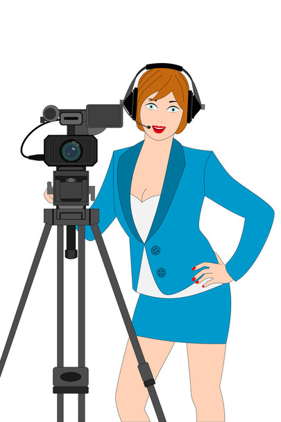 beautiful young woman with blue suit and professional video came - Vector, Image