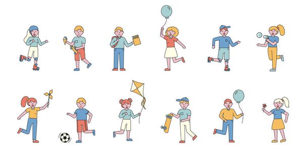 Děti se baví plochou nabíječkou. Usmívající se lidé s kreslenými ilustracemi balónků. Hraju fotbal. Dětské kolečkové brusle, pojídání zmrzliny. Veselé dětství ivities, venkovní rekreace - Vektor, obrázek