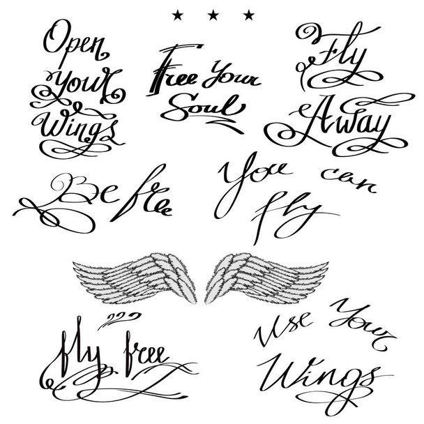 Angel or Phoenix Wings. Winged Logo Design. Part of Eagle Bird. Hand Drawn Motivational Lettering - Photo, Image