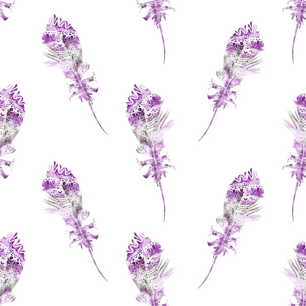 Seamless pattern with watercolor feather - Fotoğraf, Görsel