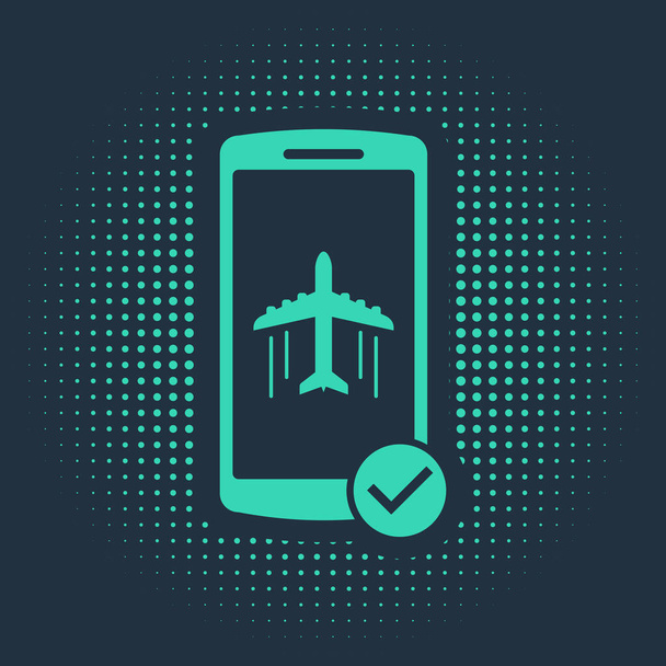 Πράσινη λειτουργία πτήσης στο εικονίδιο του κινητού τηλεφώνου που απομονώνεται σε μπλε φόντο. Αεροπορική εταιρεία ρύθμισης επιβατών πτήσης αεροπλάνου ή αεροπλάνου εκτός λειτουργίας. Αφηρημένες τυχαίες τελείες. Εικονογράφηση διανύσματος - Διάνυσμα, εικόνα
