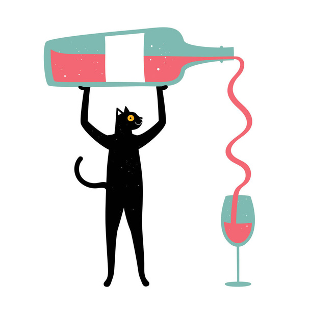 Vector illustration with big bottle of red wine and blue glass.  - Vektör, Görsel