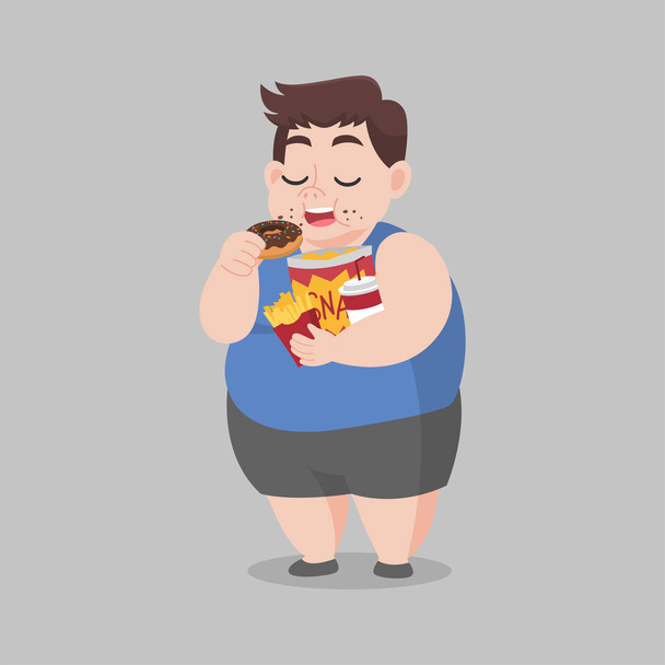 大きな脂肪幸せな女性楽しみます食べるドーナツスナック上のソファ - ベクター画像