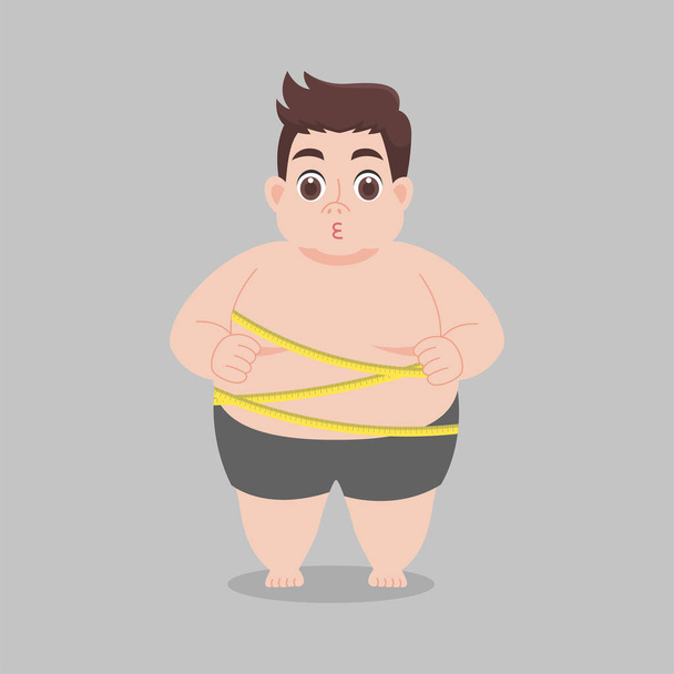 Big Fat Man s'inquiète de porter un pantalon court Ruban à mesurer, bande dessinée concept de soins de santé Design vectoriel plat de caractère sain
. - Vecteur, image