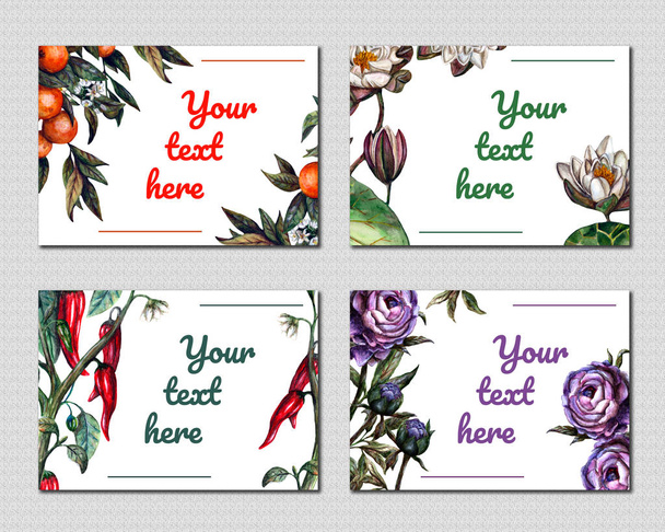set of four watercolor realistic botanical invitation card or bu - Φωτογραφία, εικόνα