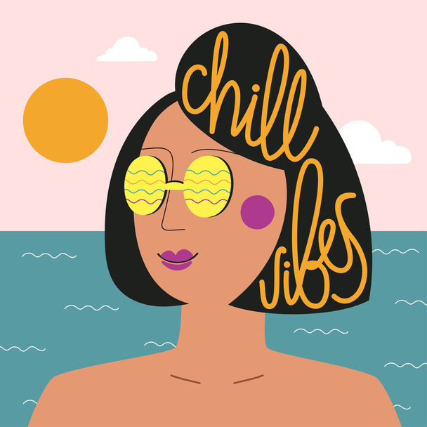 Vector illustration with young woman in yellow sunglasses. Ocean - Vektor, Bild