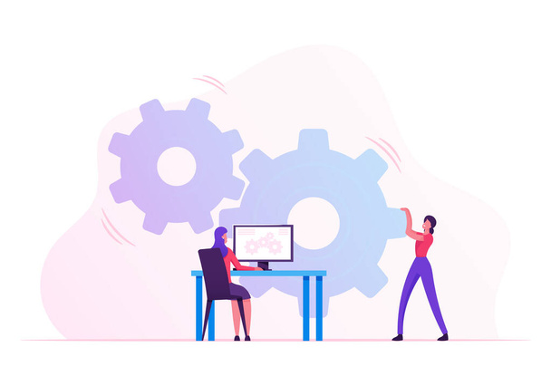 Woman Moving Huge Cogwheels Mechanism with Hands, Businesswoman Sitting at Desk with Computer Managing Process on Pc Screen. Development and Innovation in Business. Cartoon Flat Vector Illustration - Vector, Image