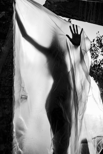 Slender nude girl, covered by a cellophane film, through which o - Fotó, kép