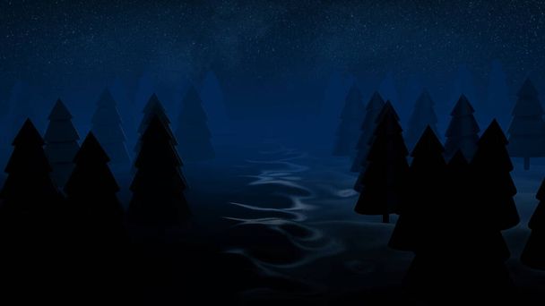 3D καθιστούν φόντο νύχτα κωνοφόρων δάσος. Κινούμενα σχέδια. Όμορφο φόντο Χριστουγέννων με αντίγραφο χώρο για ένθετα - Φωτογραφία, εικόνα