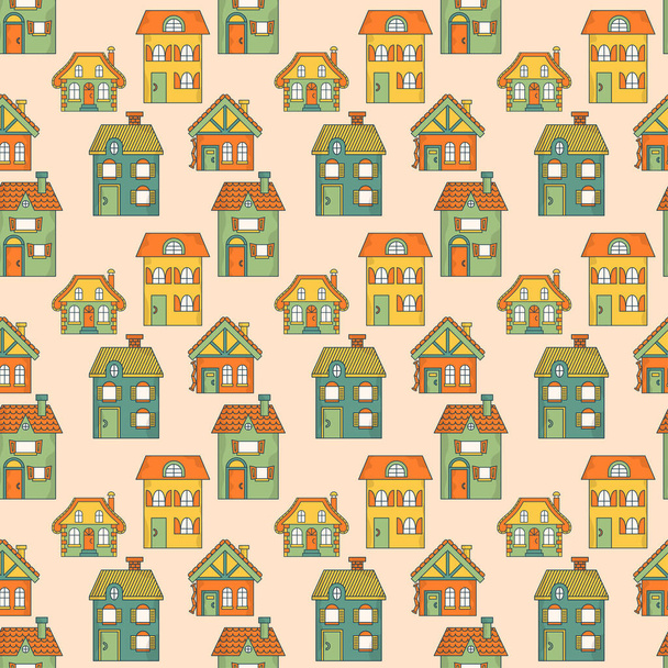 Seamless colorful pattern with houses. Background suitable for textile design, web page background, surface textures, wallpaper. - Vector, Image