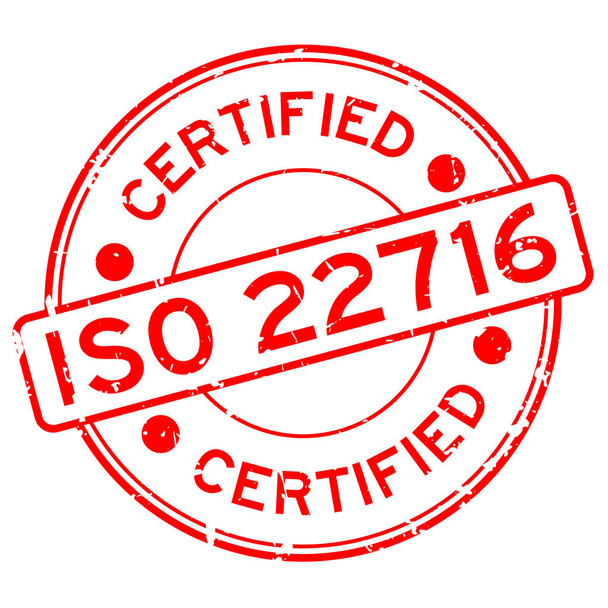 Grunge punainen ISO 22716 sertifioitu sana pyöreä kumi sinetti leima valkoisella taustalla
 - Vektori, kuva