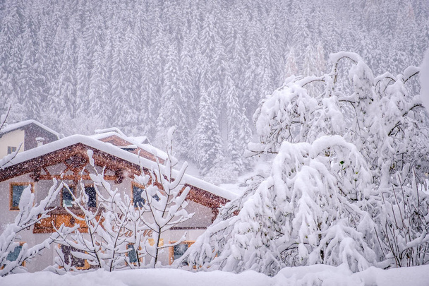 Winter landscape in the town of Neustift in the Stubai Valley in Austria. Tyrolean house amid heavy snow and fir trees - Photo, Image