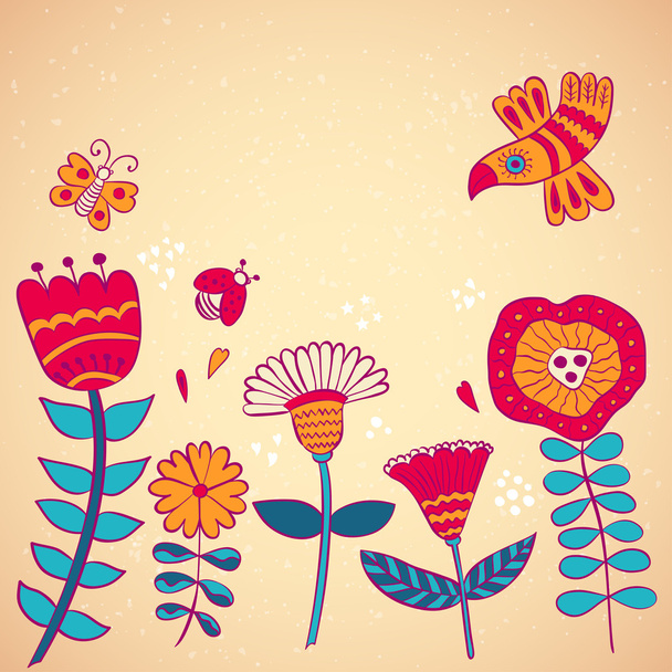 květiny ptáků a brouků - Vektor, obrázek