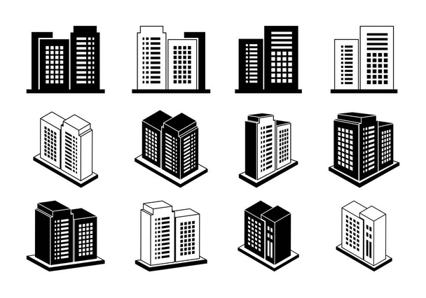 Icon 3D company set on white background,  Perspective building vector collection,  Bank and office illustration, Out line construction and edifice - Vector, Image