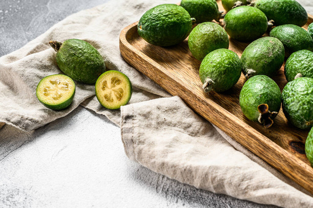 Set of ripe feijoa fruits. Gray background. Top view - Photo, Image