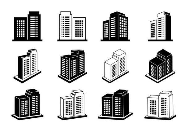 Ikona společnost vektor set na bílém pozadí, Moderní 3d budovy kolekce, Perspektiva banky a kanceláře ilustrace, černá čára konstrukce a stavba - Vektor, obrázek
