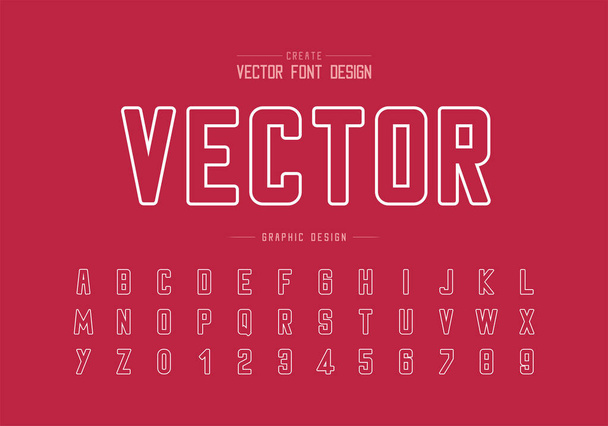 Linha fonte e alfabeto redondo vetor, Typeface e desenho de número de letra, texto gráfico em fundo vermelho
 - Vetor, Imagem