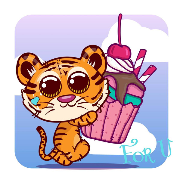 cute tiger cartoon with sweet cake . vector - Wektor, obraz