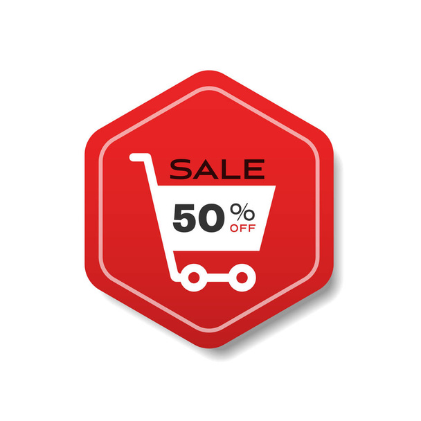 special offer sale promo marketing black friday holiday shopping concept red 50 percent off discount sticker with trolley cart advertising campaign in retail - Wektor, obraz