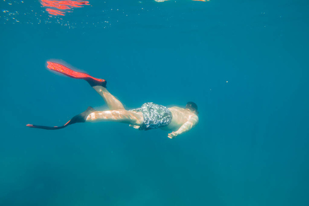 man in onderwater in flippers kijkend naar de zeebodem - Foto, afbeelding