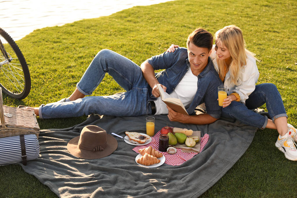 Mutlu genç çift güneşli bir günde dışarıda piknik yapıyor. - Fotoğraf, Görsel