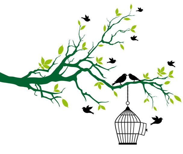 Tree with birdcage and kissing birds - Vector, Image