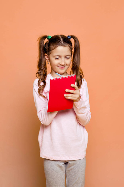 smiling girl with two ponytails holding a notebook - 写真・画像