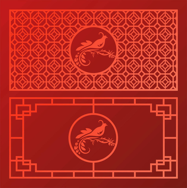 Chiński wzór na czerwonym tle z ptakiem - Wektor, obraz