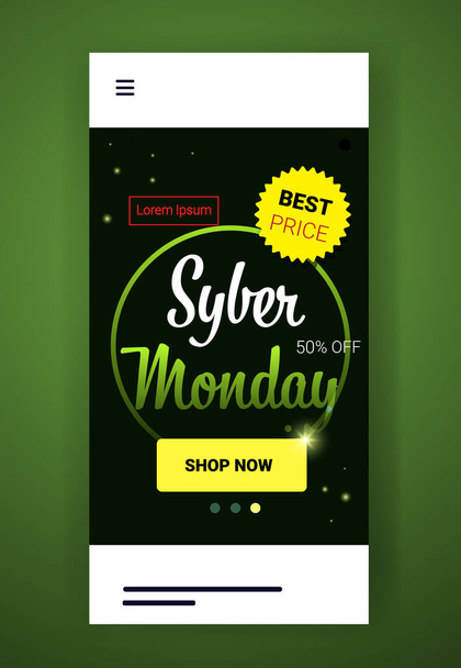 iso myynti malli cyber maanantai banneri erikoistarjous promo markkinointi loma ostoksia konsepti mainoskampanja älypuhelin näyttö verkossa mobiilisovellus pystysuora
 - Vektori, kuva