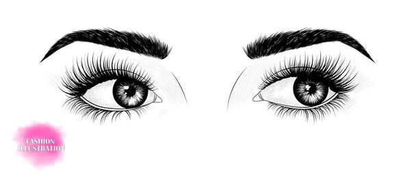 Hand-drawn black and white image of the eyes, looking to the side, with eyebrows and long eyelashes. Fashion illustration. Vector EPS 10 . - Vector, Image