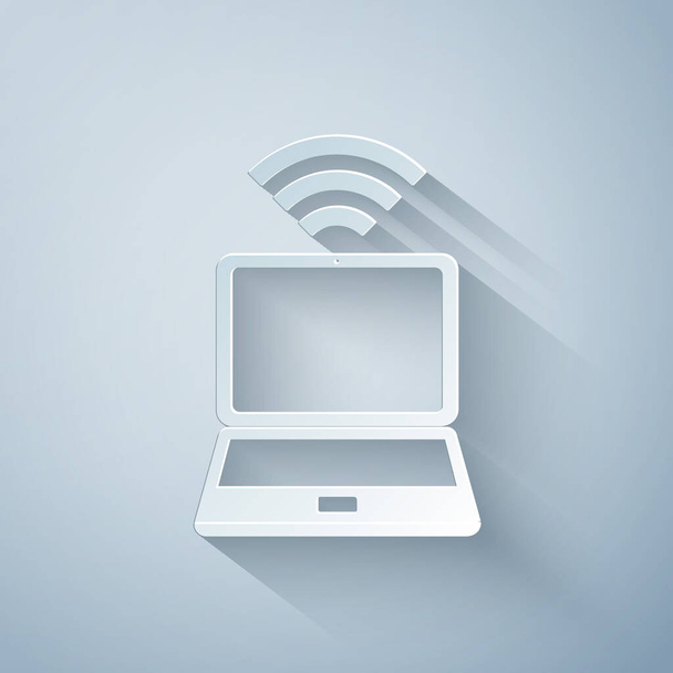 Papel corte Laptop e wi-fi gratuito ícone de conexão sem fio isolado no fundo cinza. Tecnologia sem fio, conexão wi-fi, rede sem fio. Estilo de arte de papel. Ilustração vetorial
 - Vetor, Imagem