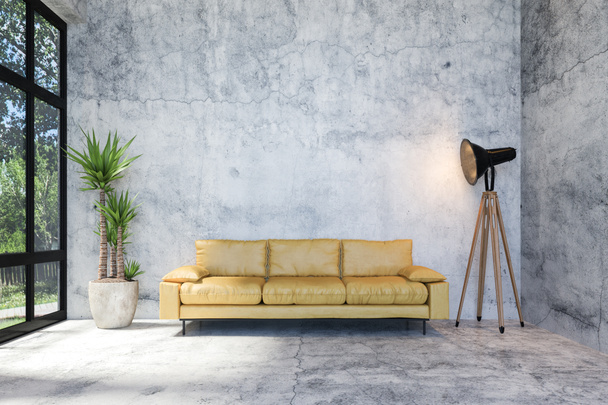 Interior of Modern Loft Concrete Living Room with Retro Style Furniture and Copy Space on Wall for Mock Up, 3D Rendering - Fotoğraf, Görsel