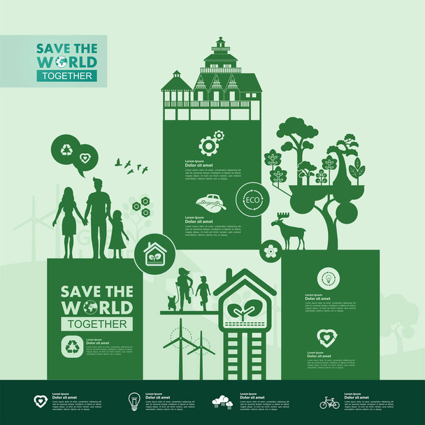 Salvare il mondo insieme ecologia verde illustrazione vettoriale. - Vettoriali, immagini