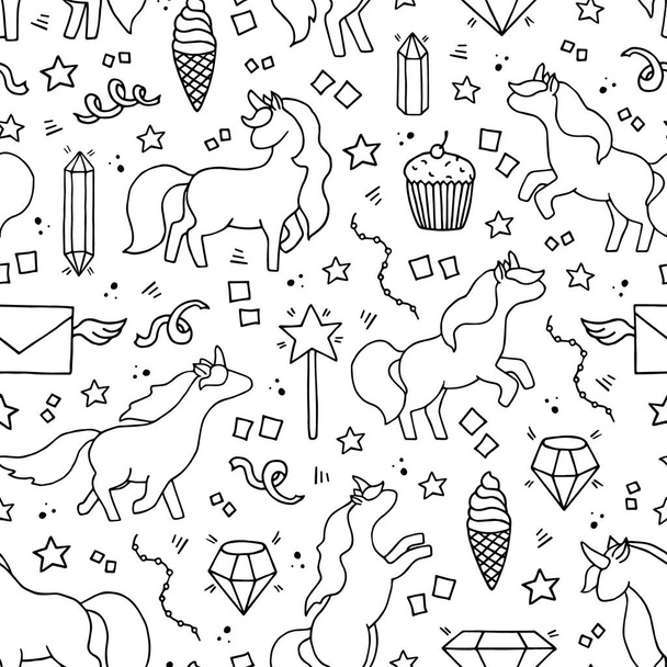 Black and white hand drawn seamless pattern with unicorns. Magic vector background. - Wektor, obraz