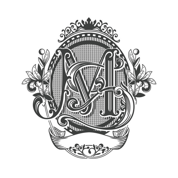 Stylový viktoriánský ornament Heraldický oválný monogram M S písmenný rám - Vektor, obrázek