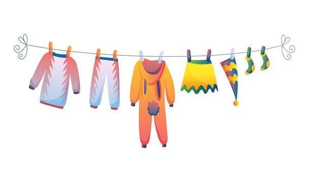Různé dětské oblečení na lanové izolované vektorové ilustrace na bílém pozadí. Prádlo v držbě plastových kolků - Vektor, obrázek
