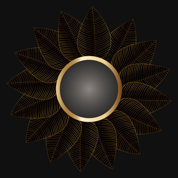 Decorative golden round frame with black leaves. Luxury floral mandala. Oriental circular vintage illustration. Arabic, Islamic, moroccan, asian, indian native african motif. - Вектор,изображение